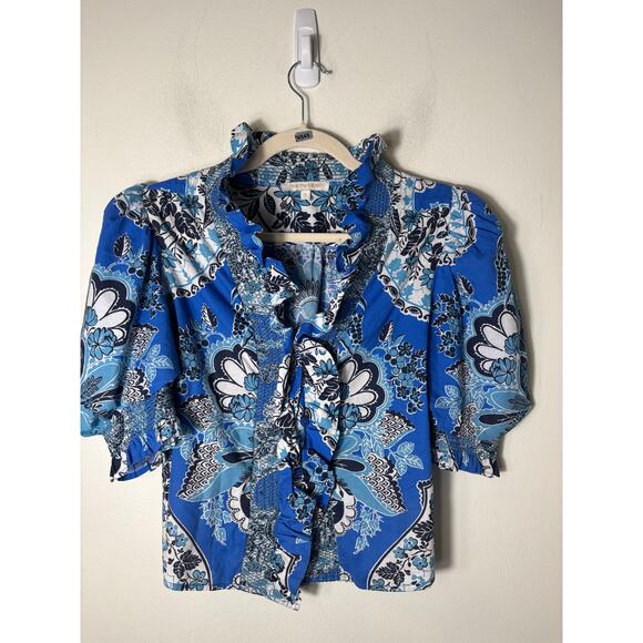 Love the Label Blue Floral Half Puff Sleeve Ruffle V-Neck Sz S - Picture 1 of 2
